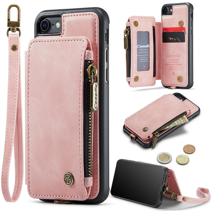 CaseMe iPhone 8 Wallet RFID Blocking Case with Wrist Strap Pink