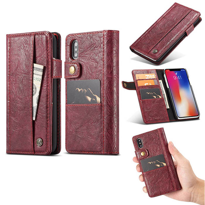 CaseMe iPhone X Retro Card Slots Wallet Leather Case Red