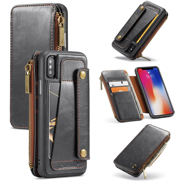 CaseMe iPhone X Business Zipper Wallet Detachable 2 in 1 Case Black