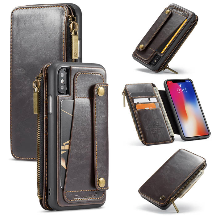 CaseMe iPhone X Business Zipper Wallet Detachable 2 in 1 Case Coffee