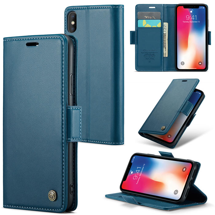 CaseMe iPhone X/XS Wallet RFID Blocking Magnetic Buckle Case Blue - Click Image to Close