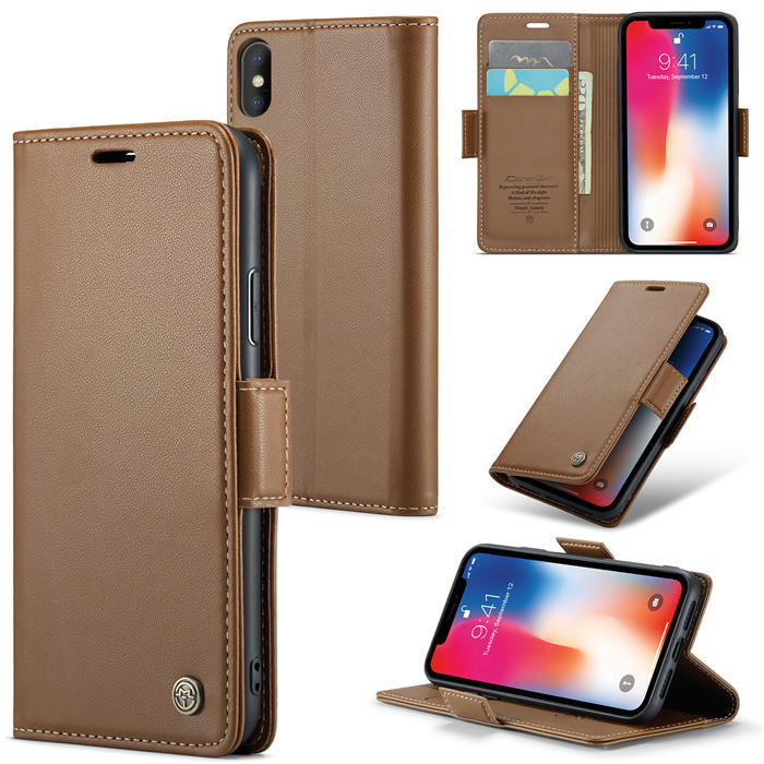 CaseMe iPhone X/XS Wallet RFID Blocking Magnetic Buckle Case Brown - Click Image to Close
