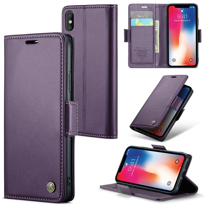 CaseMe iPhone X/XS Wallet RFID Blocking Magnetic Buckle Case Purple - Click Image to Close
