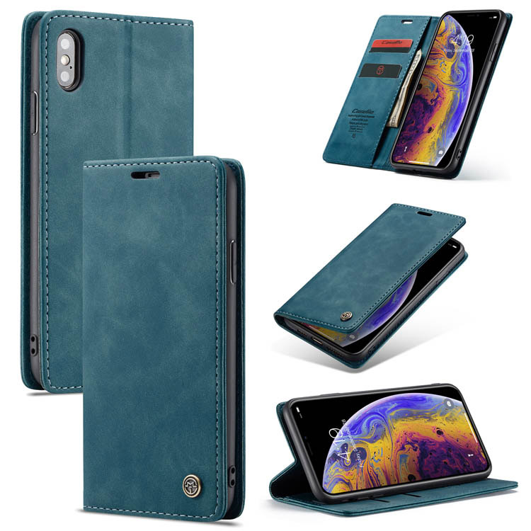CaseMe iPhone XS Retro Wallet Stand Magnetic Flip Case Blue