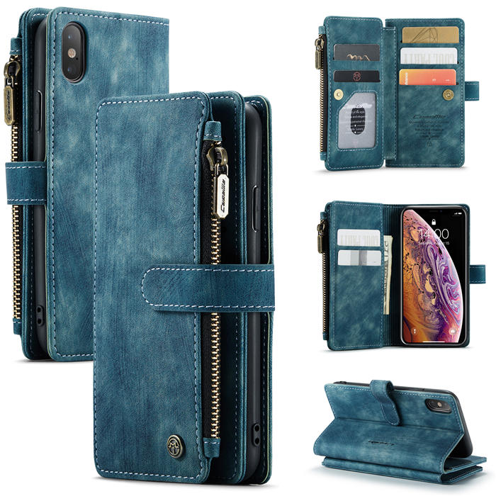 CaseMe iPhone X/XS Zipper Wallet Kickstand Case Blue - Click Image to Close