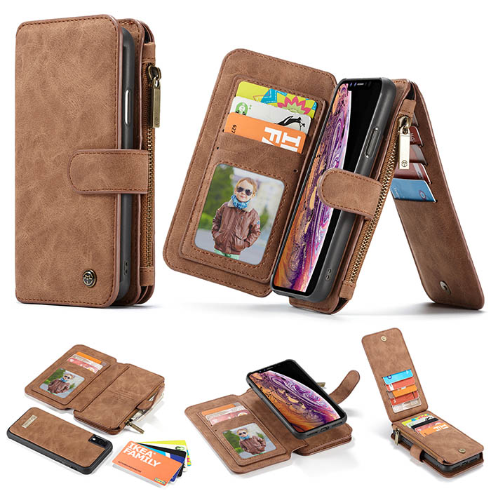 CaseMe iPhone XR Zipper Wallet Detachable 2 in 1 Case Brown
