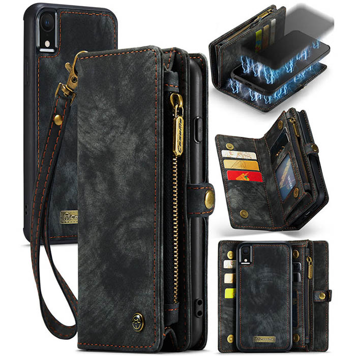 CaseMe iPhone XR Zipper Wallet Case with Wrist Strap Black