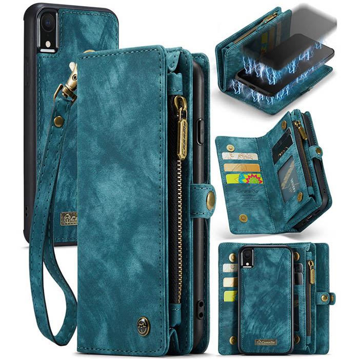 CaseMe iPhone XR Zipper Wallet Case with Wrist Strap Blue