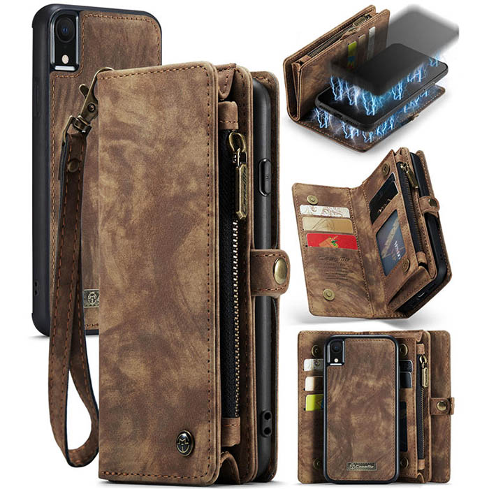 CaseMe iPhone XR Zipper Wallet Case with Wrist Strap Coffee