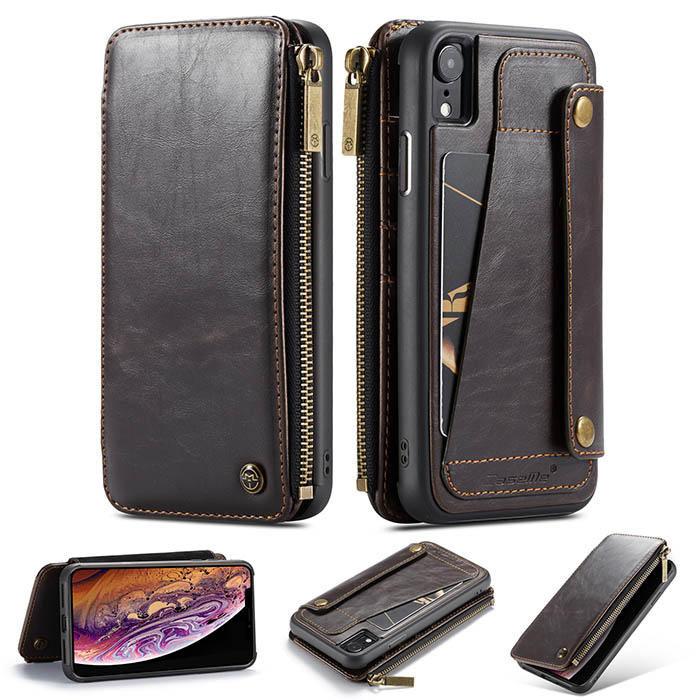 CaseMe iPhone XR Business Zipper Wallet Detachable 2 in 1 Case Coffee