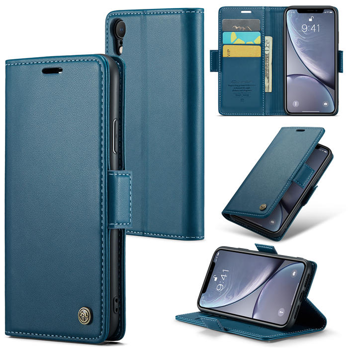 CaseMe iPhone XR Wallet RFID Blocking Magnetic Buckle Case Blue - Click Image to Close