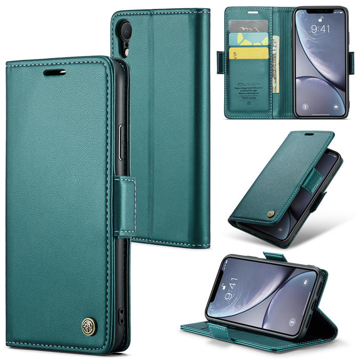 CaseMe iPhone XR Wallet RFID Blocking Magnetic Buckle Case Green - Click Image to Close
