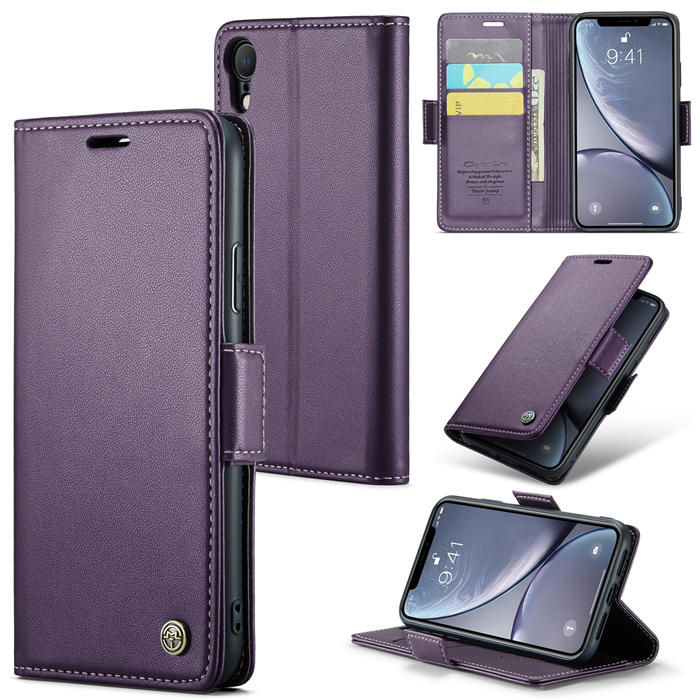 CaseMe iPhone XR Wallet RFID Blocking Magnetic Buckle Case Purple - Click Image to Close