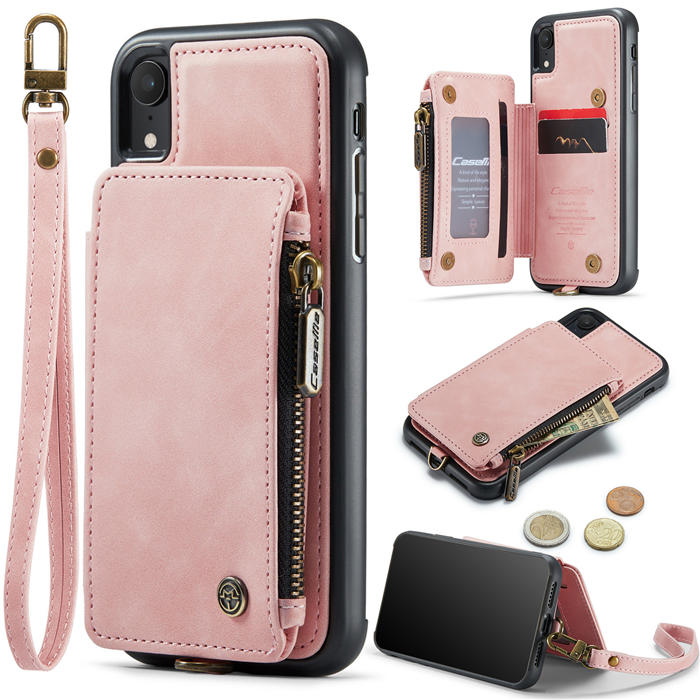 CaseMe iPhone XR Wallet RFID Blocking Case with Wrist Strap Pink