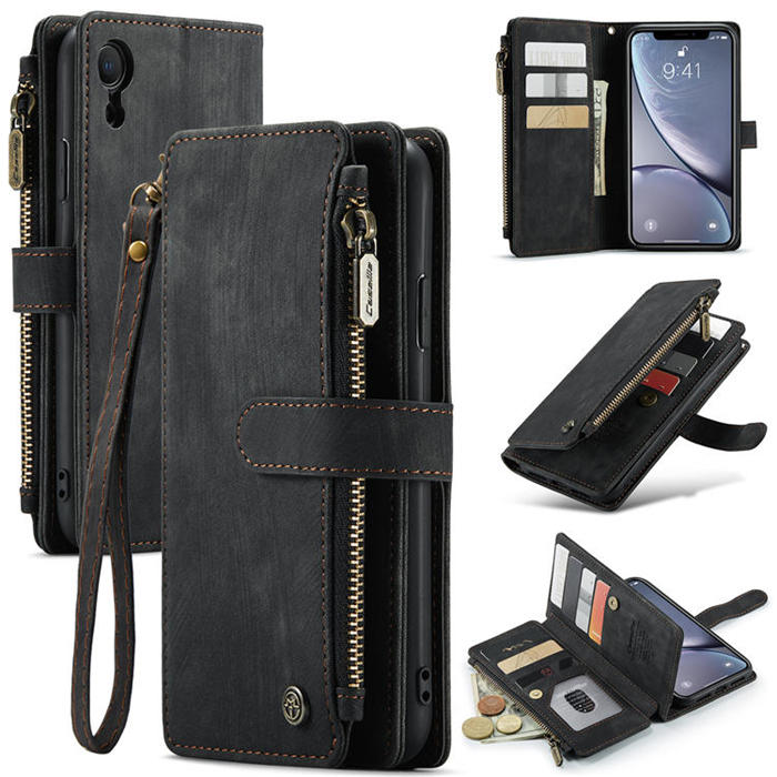CaseMe iPhone XR Zipper Wallet Kickstand Case Black - Click Image to Close
