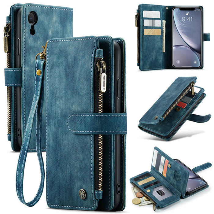CaseMe iPhone XR Zipper Wallet Kickstand Case Blue