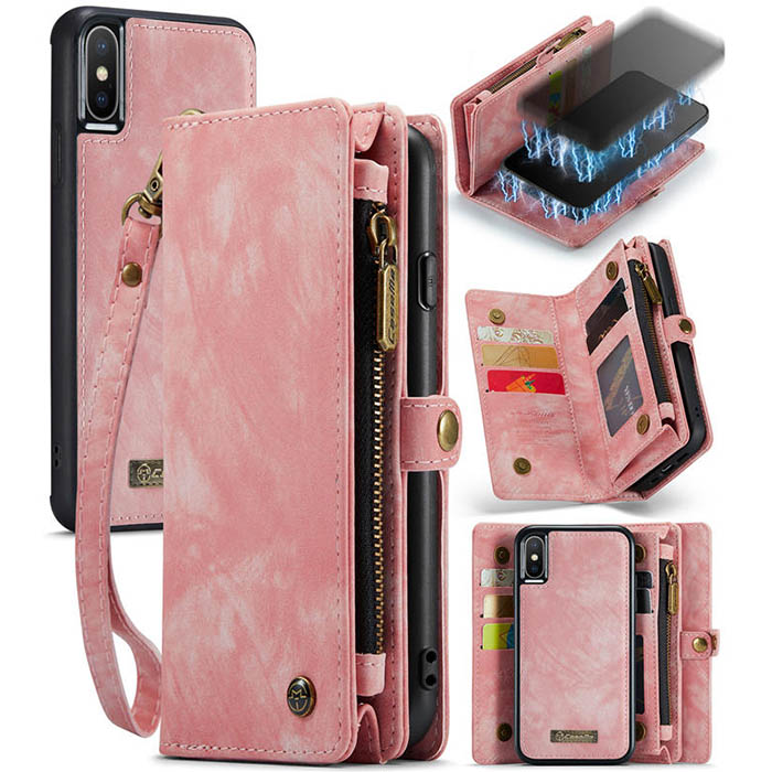 CaseMe iPhone XS Zipper Wallet Case with Wrist Strap Pink
