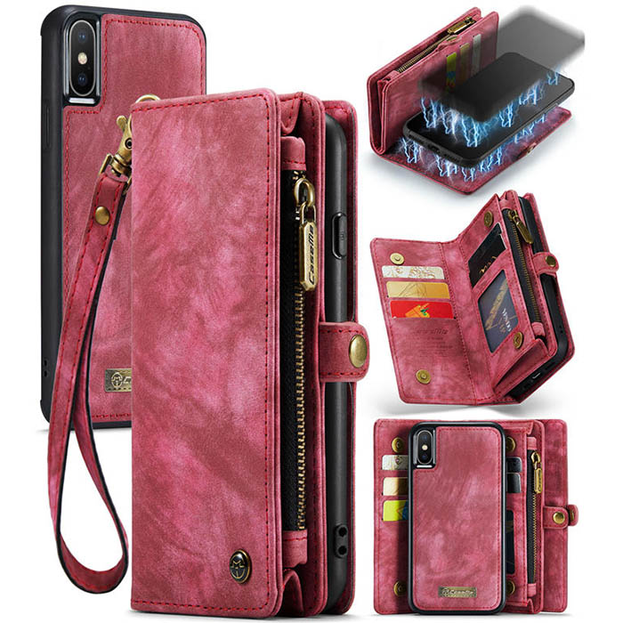 CaseMe iPhone X Detachable Zipper Wallet Magnetic Case Red - Click Image to Close