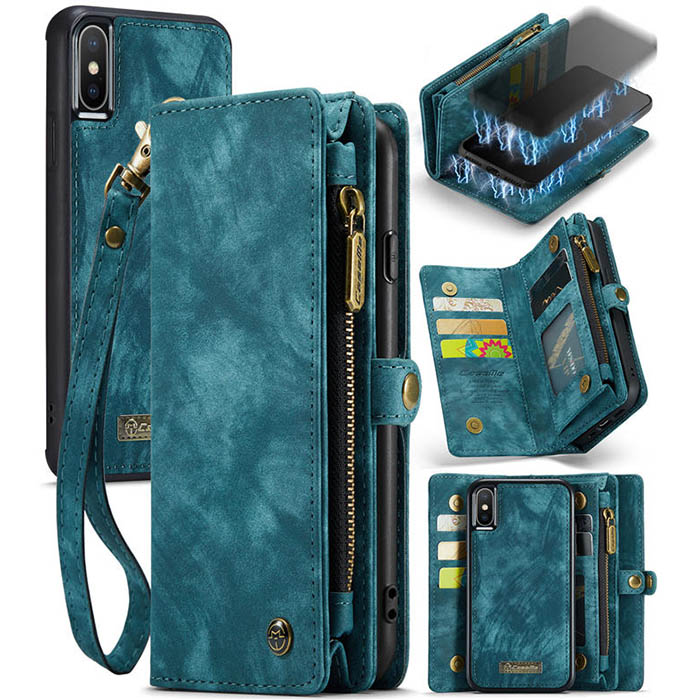 CaseMe iPhone XS Max Zipper Wallet Magnetic 2 in 1 Case Blue - Click Image to Close