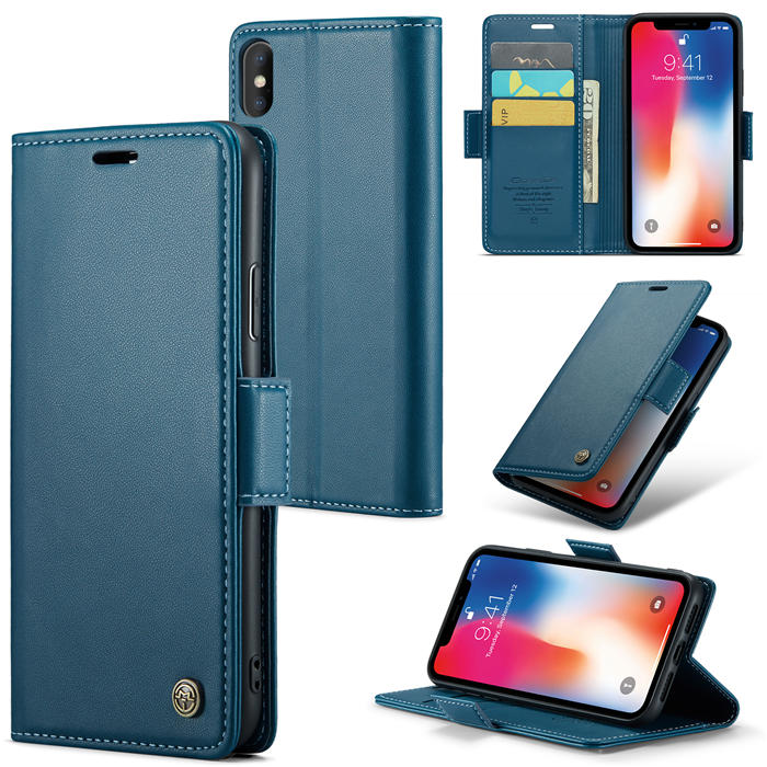CaseMe iPhone XS Max Wallet RFID Blocking Magnetic Buckle Case Blue - Click Image to Close