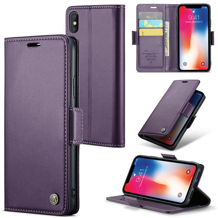 CaseMe iPhone XS Max Wallet RFID Blocking Magnetic Buckle Case Purple - Click Image to Close