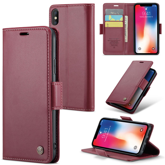 CaseMe iPhone XS Max Wallet RFID Blocking Magnetic Buckle Case Red - Click Image to Close