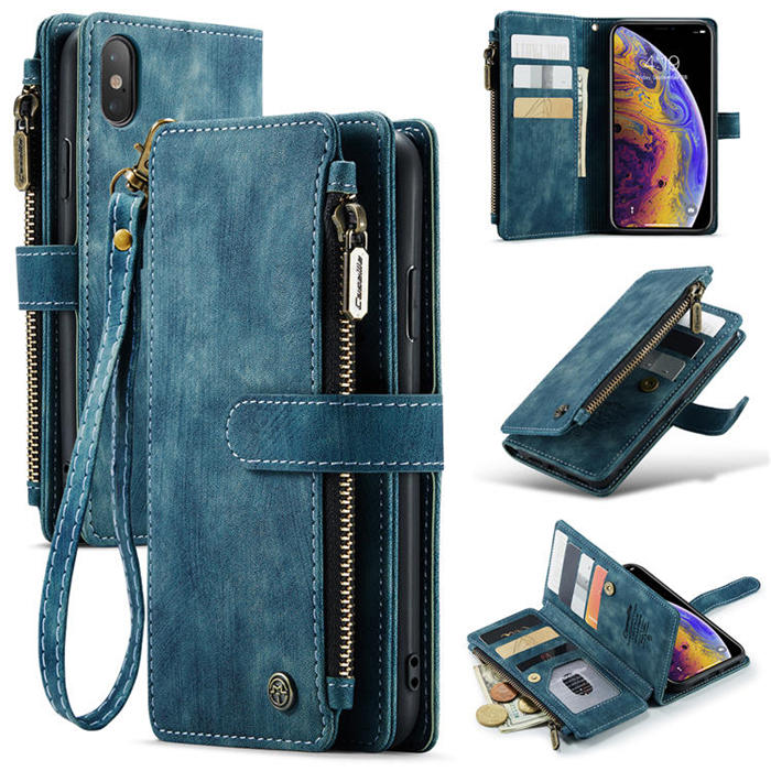 CaseMe iPhone XS Max Zipper Wallet Kickstand Case Blue