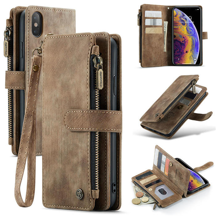 CaseMe iPhone XS Max Zipper Wallet Kickstand Case Coffee - Click Image to Close