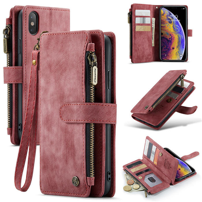 CaseMe iPhone XS Max Zipper Wallet Kickstand Case Red - Click Image to Close