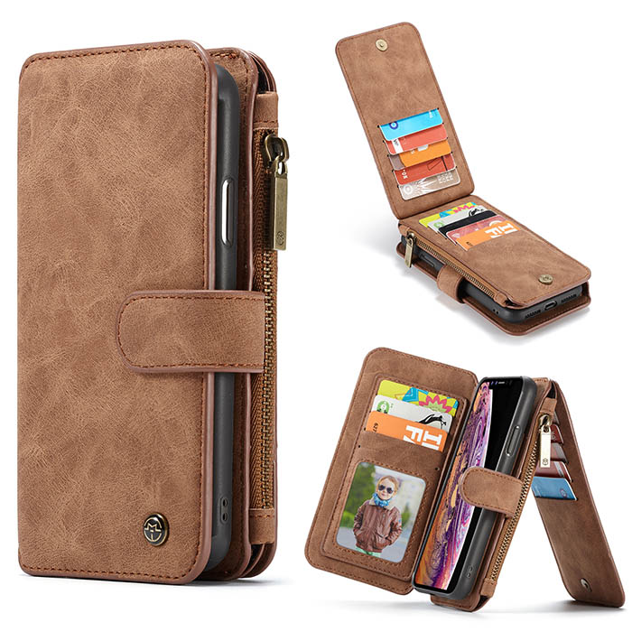 CaseMe iPhone XS Zipper Wallet Detachable 2 in 1 Flip Case Brown