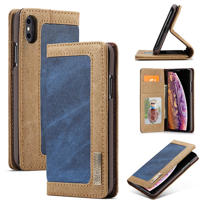 CaseMe iPhone Xs Canvas Magnetic Flip Wallet Leather Case Blue