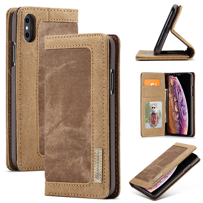 CaseMe iPhone XR Canvas Magnetic Flip Wallet Leather Case Brown
