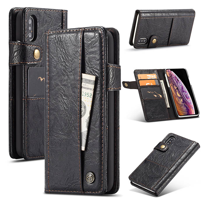 CaseMe iPhone Xs Retro Card Slots Wallet Leather Case Black
