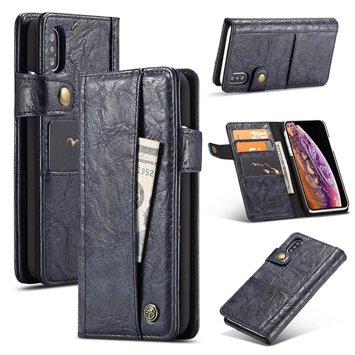 CaseMe iPhone Xs Max Retro Card Slots Wallet Leather Case Blue