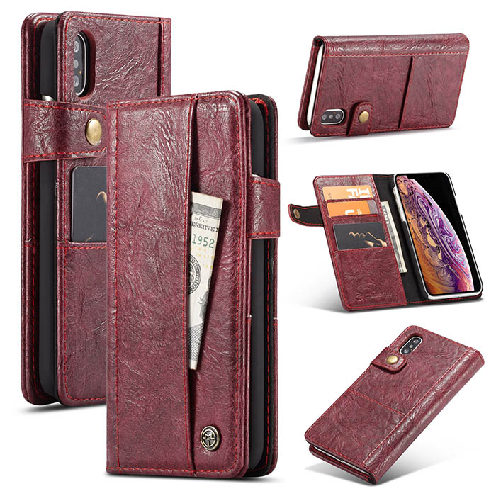 CaseMe iPhone Xs Retro Card Slots Wallet Leather Case Red