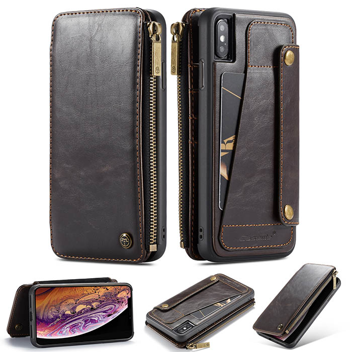 CaseMe iPhone Xs Business Zipper Wallet Detachable 2 in 1 Case Coffee