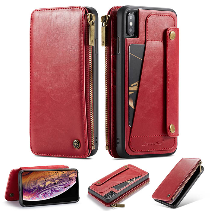 CaseMe iPhone Xs Business Zipper Wallet Detachable 2 in 1 Case Red