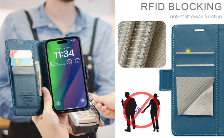 CaseMe iPhone 15 Wallet Magnetic Buckle Case – RFID Blocking, 3 Card Slots, Cash Pocket, Adjustable Kickstand – Slim PU Leather Protective Case