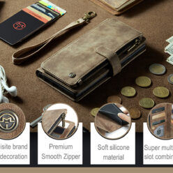 iPhone 15 Wallet Kickstand Case by CaseMe – 7 Card Slots, Zipper Pocket, Magnetic Closure, Wrist Strap & Wireless Charging – Stylish PU Leather Design