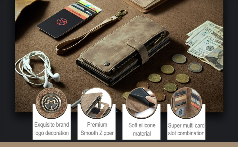 iPhone 15 Wallet Kickstand Case by CaseMe – 7 Card Slots, Zipper Pocket, Magnetic Closure, Wrist Strap & Wireless Charging – Stylish PU Leather Design