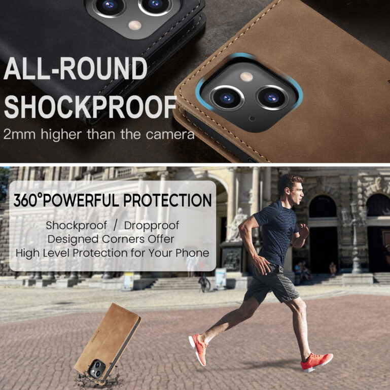 CaseMe iPhone 15 Wallet Case with Kickstand – Retro Suede Leather Cover with 2 Card Slots & Cash Pocket, Magnetic Closure, Shockproof TPU for Daily Protection