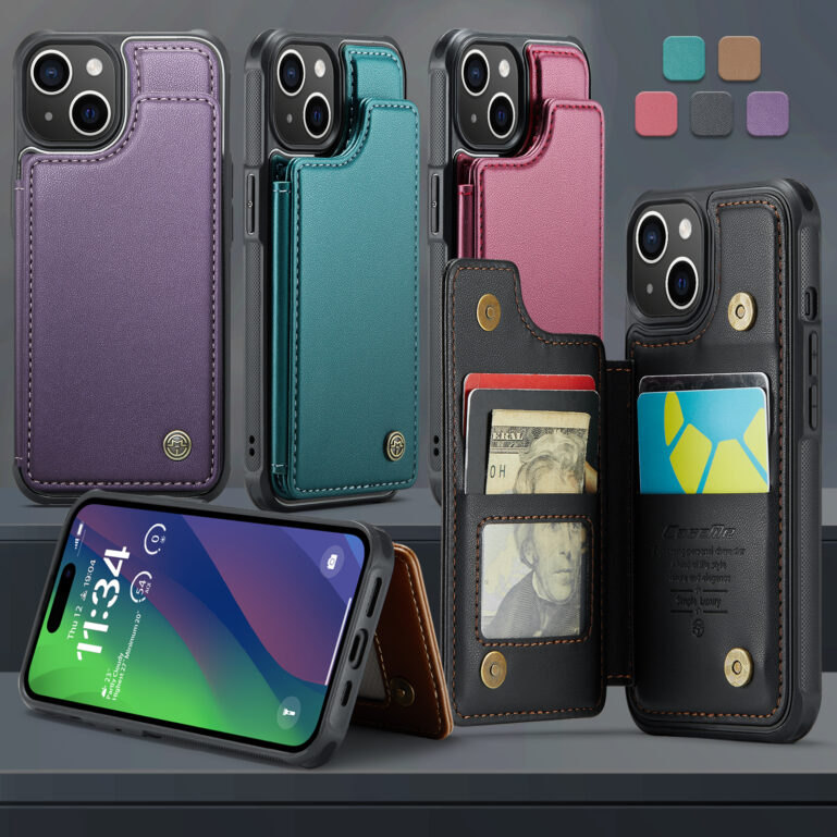 CaseMe iPhone 15 Leather Card Holder Case – RFID Protection, 4 Card Slots, Kickstand Function – Stylish Wallet Cover