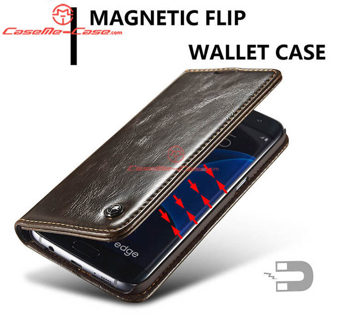 CaseMe Samsung Galaxy S7 Edge Magnetic Flip Leather Wallet Case Brown