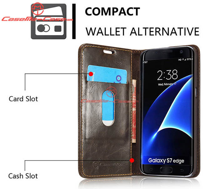 CaseMe Samsung Galaxy S7 Edge Magnetic Flip Leather Wallet Case Brown
