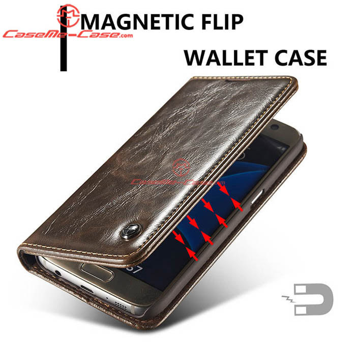 CaseMe Samsung Galaxy S7 Magnetic Flip Leather Wallet Case Brown