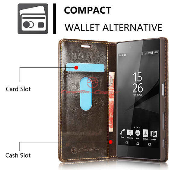 CaseMe Sony Xperia Z5 Magnetic Flip Leather Wallet Case Brown