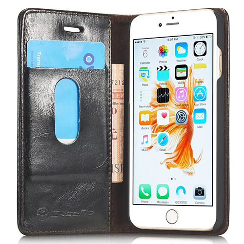 CaseMe iPhone 6S Plus Magnetic Flip Leather Wallet Case Black