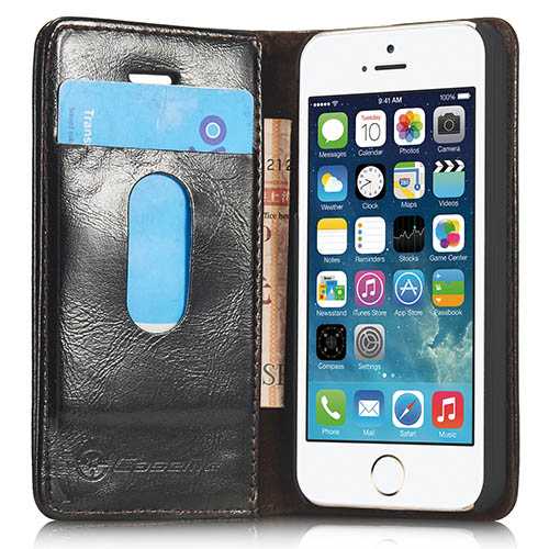 CaseMe iPhone SE Magnetic Flip Leather Wallet Case Black