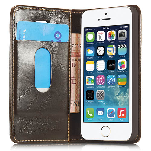 CaseMe iPhone SE Magnetic Flip Leather Wallet Case Brown