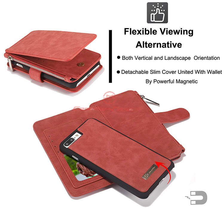 CaseMe iPhone 8 Plus Zipper Wallet Detachable 2 in 1 Flip Case